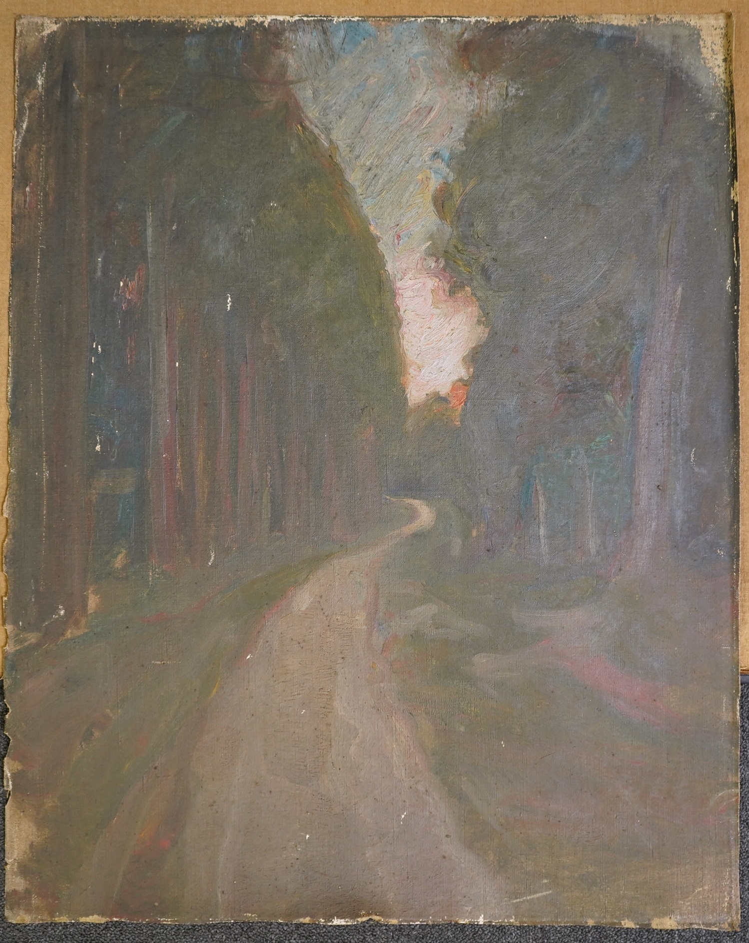 Albert de Belleroche (English, 1864-1944), Wooded path at sunset and Forest at night (3), oil on canvas, 78 x 62cm & 62 x 78cm